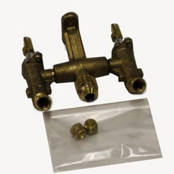 Brass plumbing valve assembly with two smaller brass components on a white background