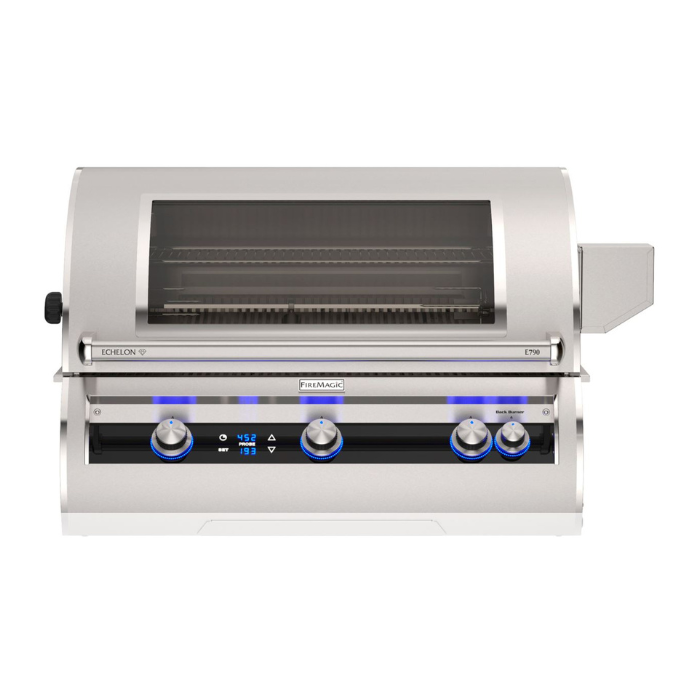 Stainless steel grill with digital controls on a white background