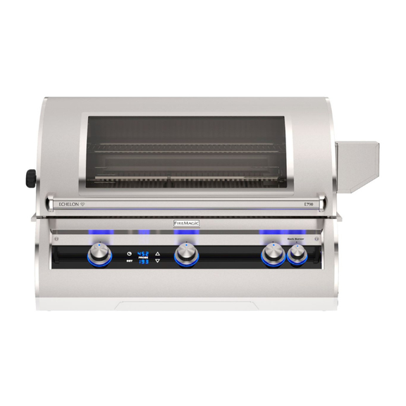 Stainless steel grill with digital controls on a white background
