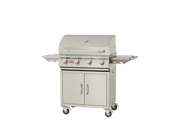 Stainless steel grill on wheels with cabinets on a white background