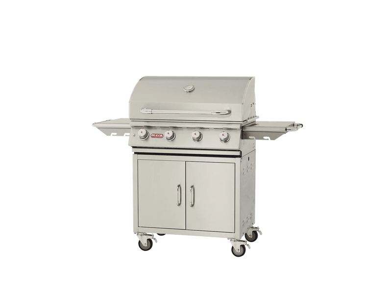 Stainless steel grill on wheels with cabinets on a white background