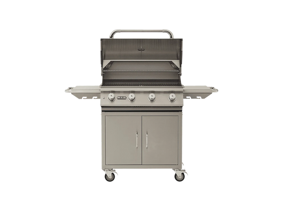 Stainless steel grill with cabinets on a white background