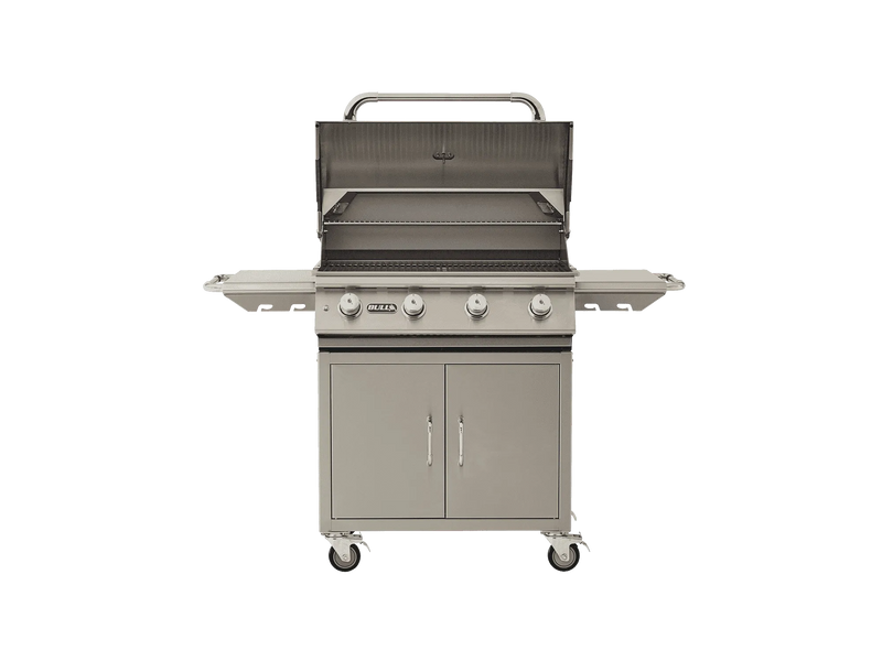 Stainless steel grill with cabinets on a white background