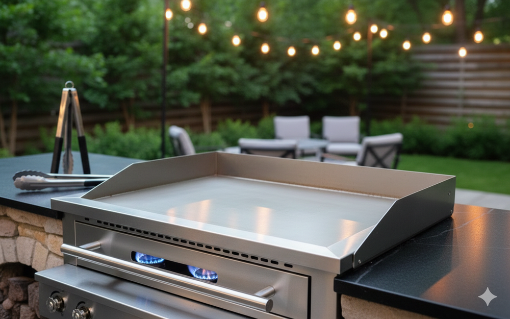 Outdoor grill on a patio with string lights and chairs in the background